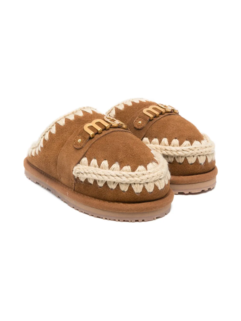 Mou Kids' Braided-trim Logo Slippers In Brown