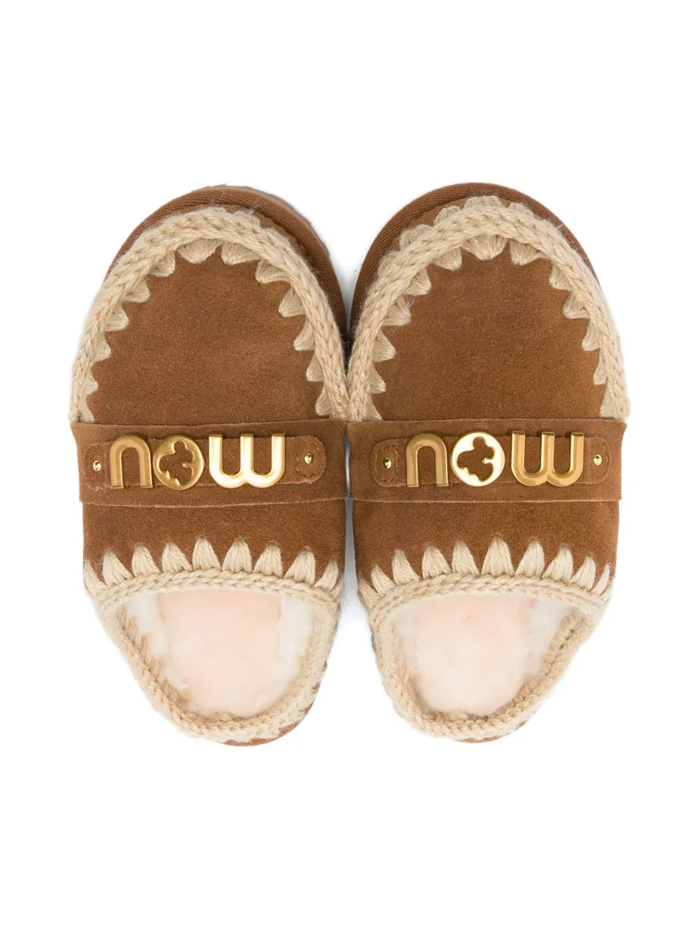 Mou Kids Slippers met logo en gevlochten afwerking Bruin