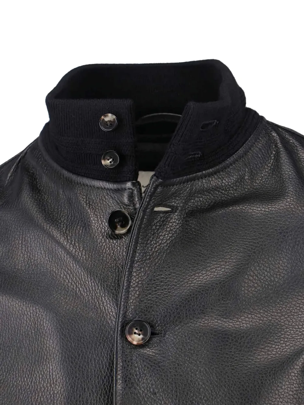 Valstar Textured Black Leather Jacket With Cashmere Ribbed Collar In Black