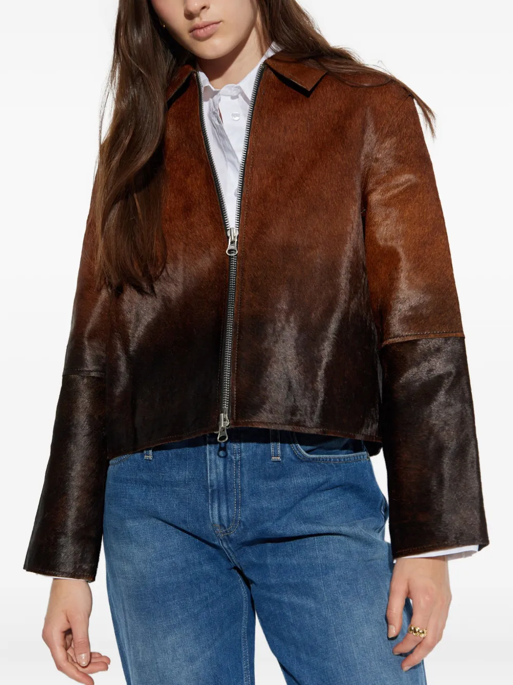 Samsoe & Samsoe Zippered Long-sleeved Leather Jacket In Brown