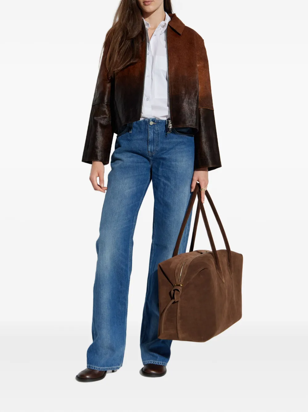 Samsoe & Samsoe Zippered Long-sleeved Leather Jacket In Brown