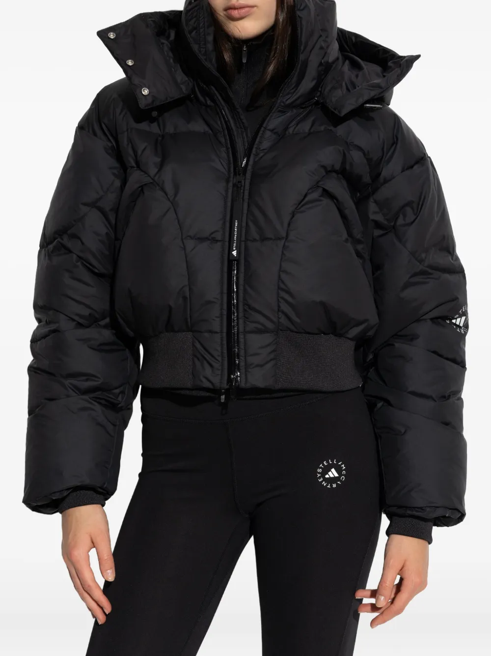 Adidas By Stella Mccartney Hooded Cropped Puffer Jacket With Long Sleeves In Black