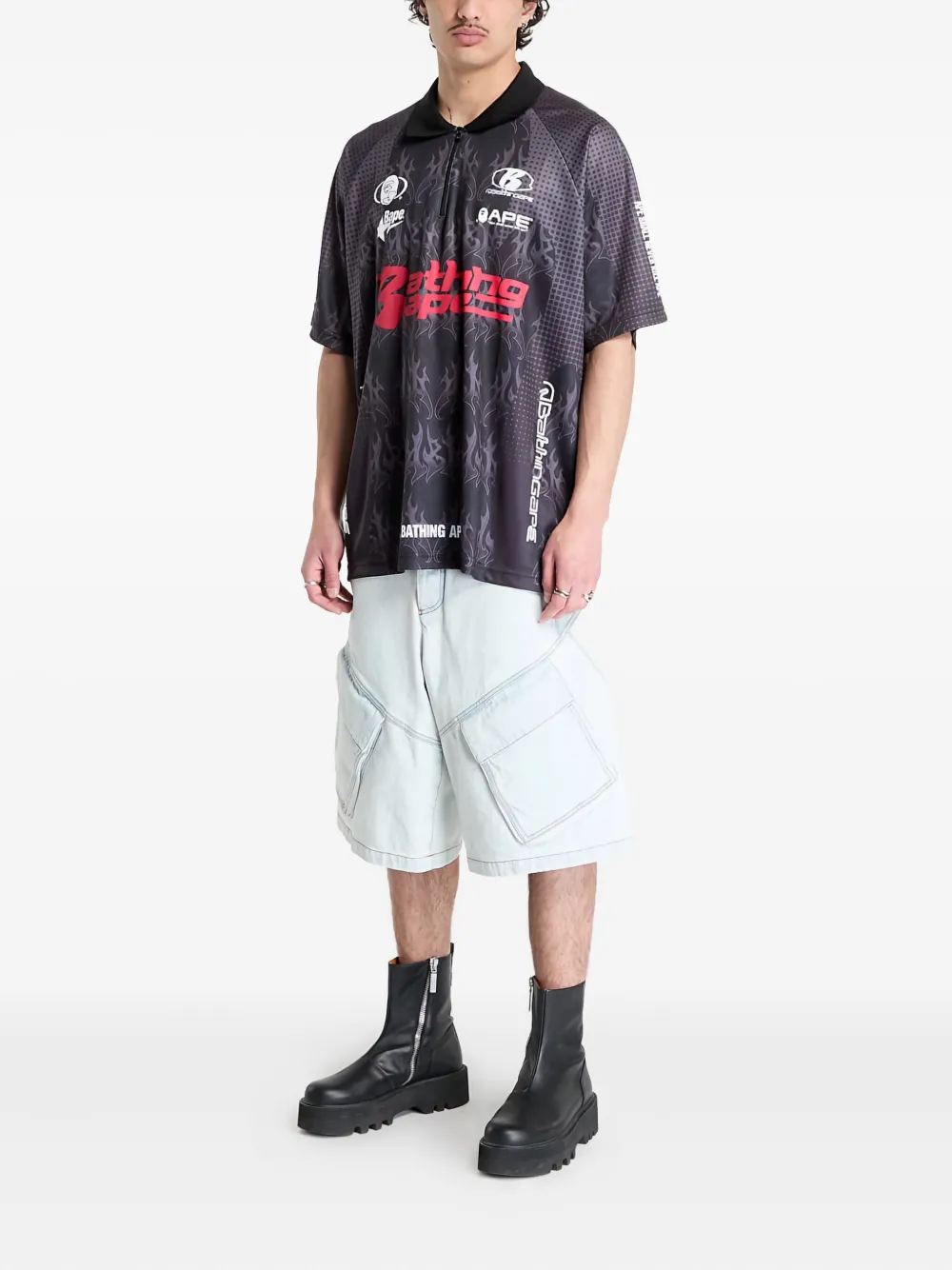A Bathing Ape Flame-print T-shirt In Gray
