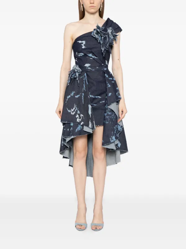 Saiid Kobeisy Printed Denim One-shoulder Dress - Blue Saiid Kobeisy Printed Denim One-shoulder Dress - Blue