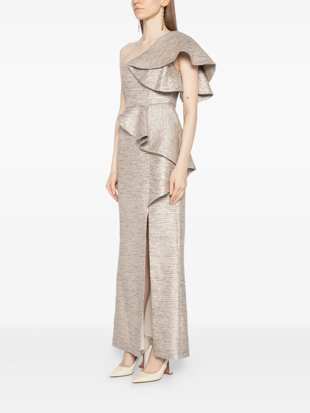 Saiid Kobeisy Brokaat jurk met ruches Beige