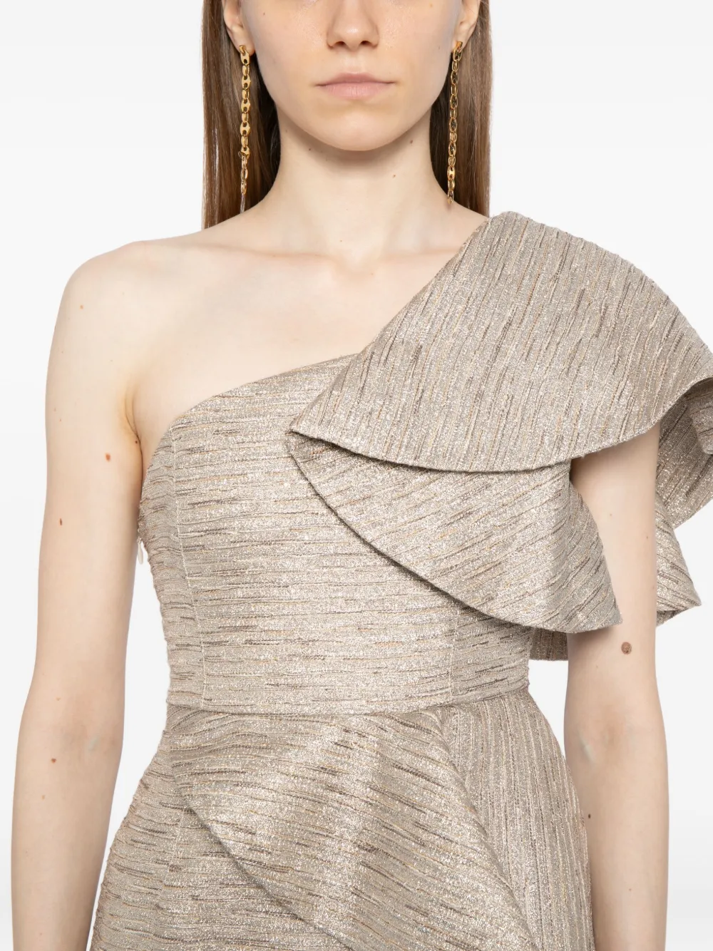 Saiid Kobeisy Brokaat jurk met ruches Beige