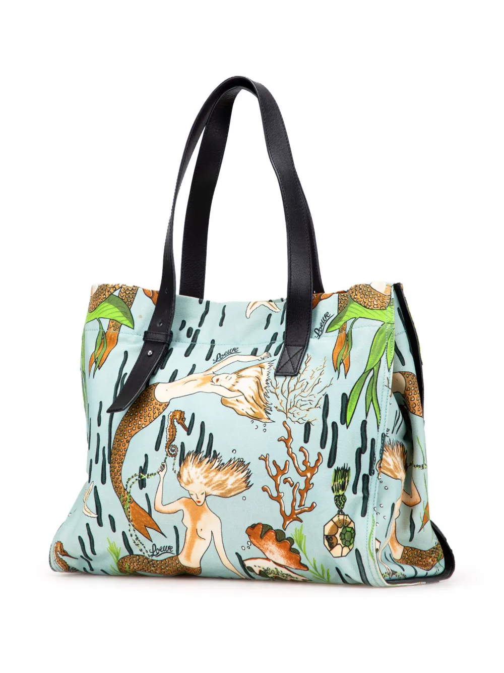 Pre-owned Loewe 2018 Paulas Ibiza Medium Canvas Mermaid Print Tote Bag In Blue