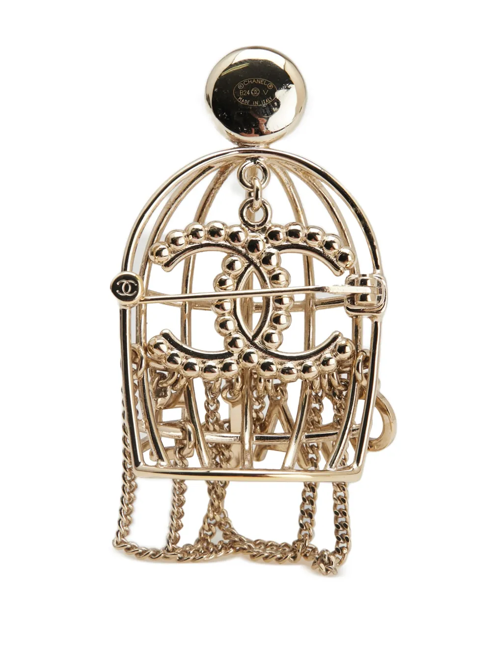 Pre-owned Chanel 2024 Cc Gold Plated Faux Pearl And Rhinestones Logo Birdcage Brooch Costume Brooch