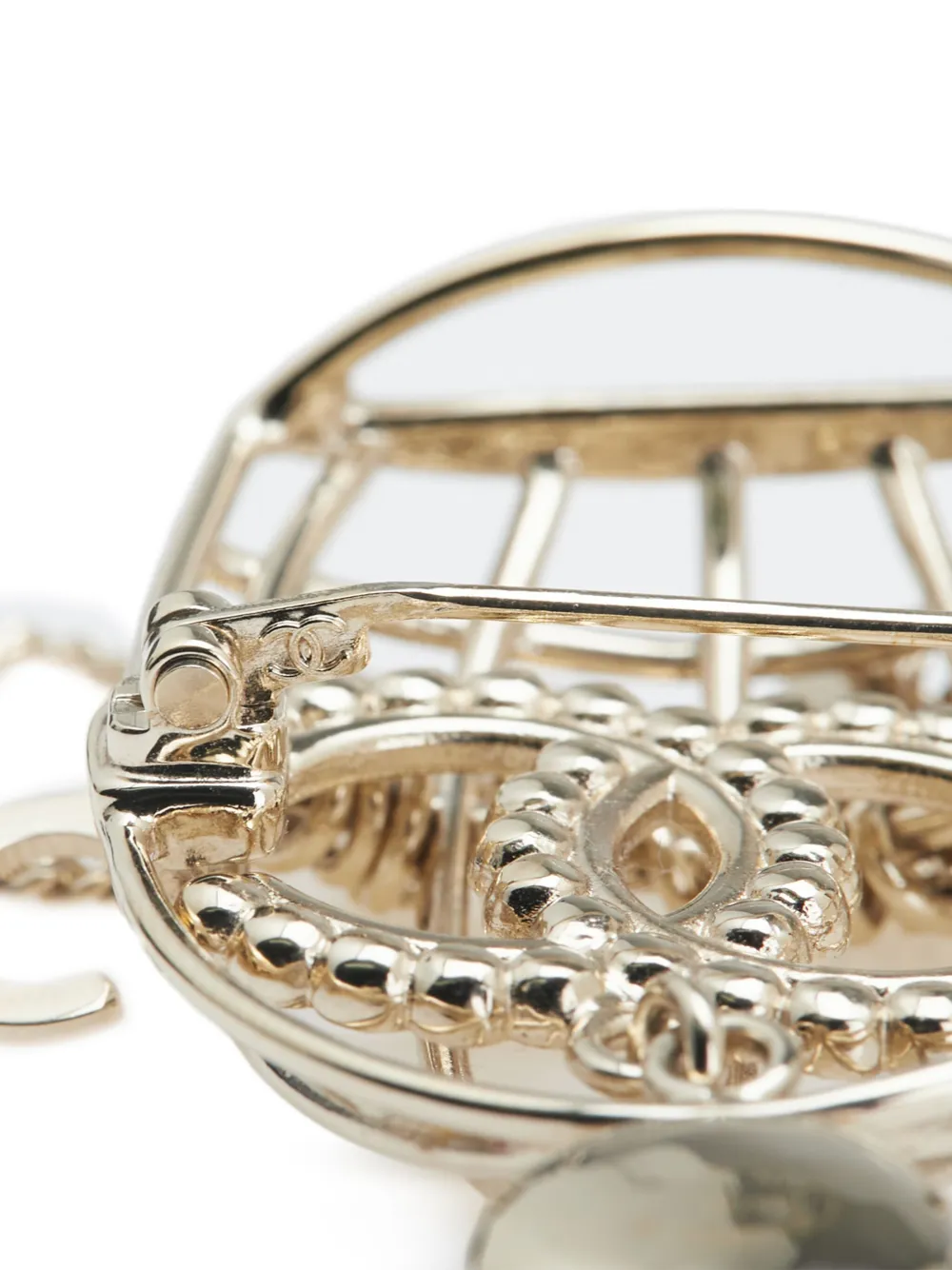 Pre-owned Chanel 2024 Cc Gold Plated Faux Pearl And Rhinestones Logo Birdcage Brooch Costume Brooch