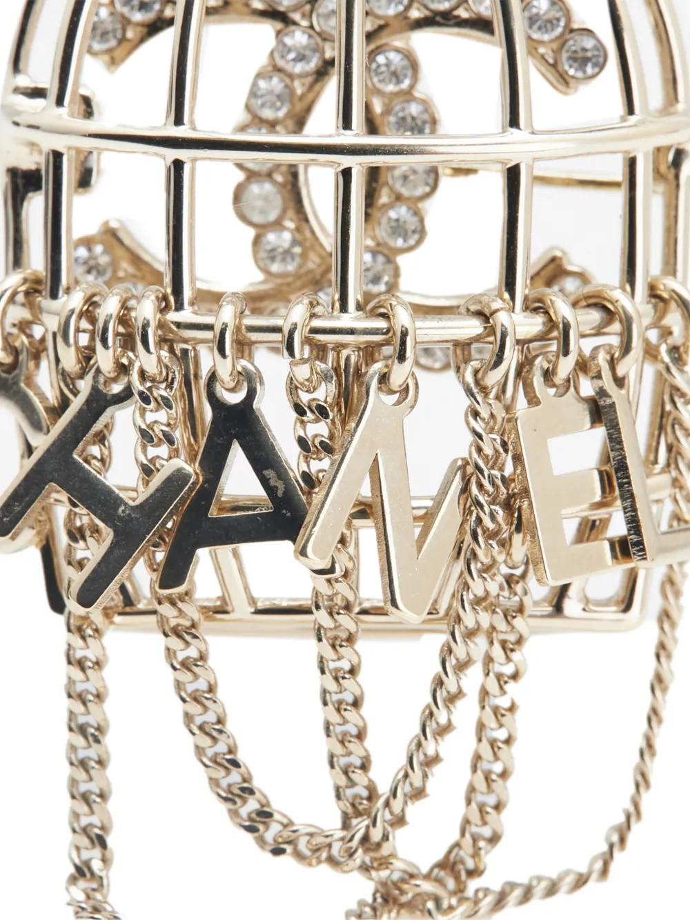 Pre-owned Chanel 2024 Cc Gold Plated Faux Pearl And Rhinestones Logo Birdcage Brooch Costume Brooch