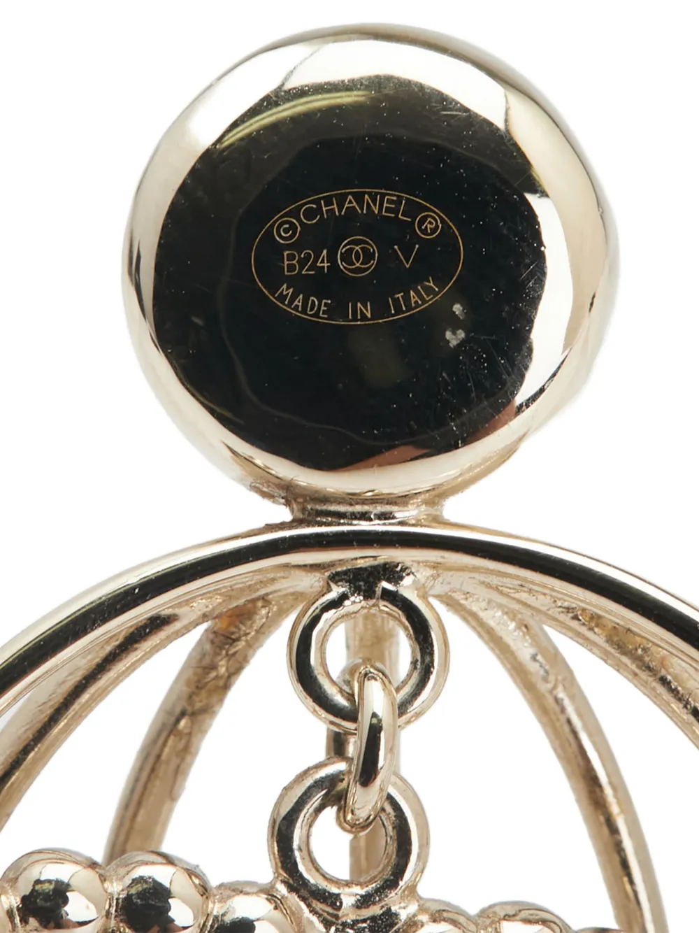 Pre-owned Chanel 2024 Cc Gold Plated Faux Pearl And Rhinestones Logo Birdcage Brooch Costume Brooch