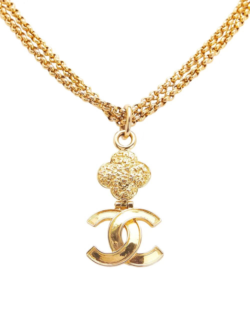 CHANEL Pre-Owned 1995 ゴールドプレーテッド ダブルチェーン ココマーク クローバー ペンダント コスチューム CHANEL Pre-Owned 1995 ゴールドプレーテッド ダブルチェーン ココマーク クローバー ペンダント コスチューム