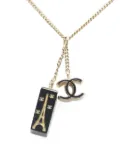 CHANEL Pre-Owned 2005 Gold Plated Enamel CC Eiffel Tower Charm Necklace costume necklace
