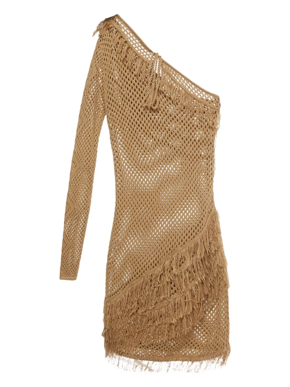 Pre-owned Tularosa Peek A Boo Crochet Fringed Mini Dress In Brown