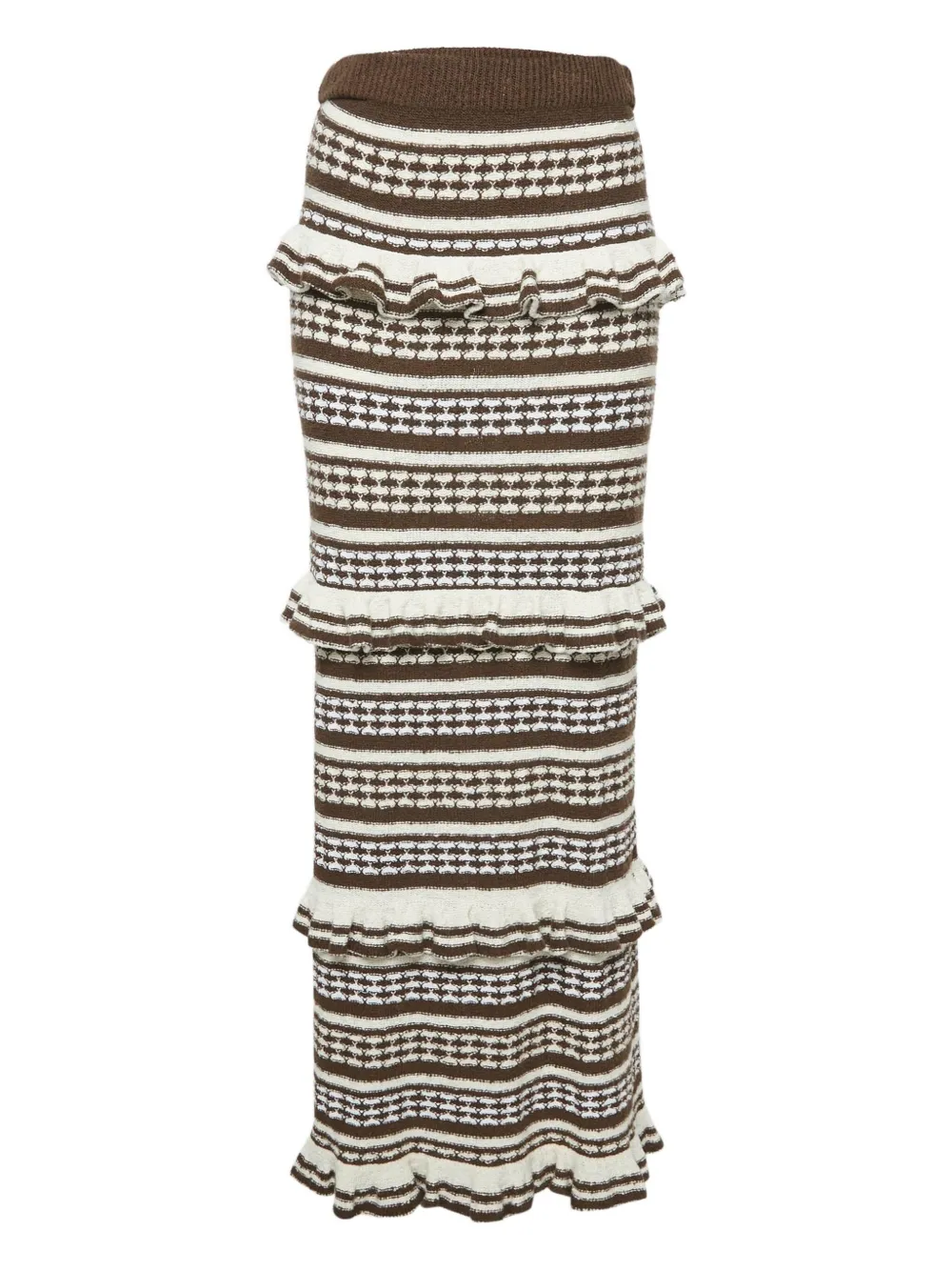 Pre-owned Tularosa Kaely Striped Ruffle Maxi Skirt In Brown