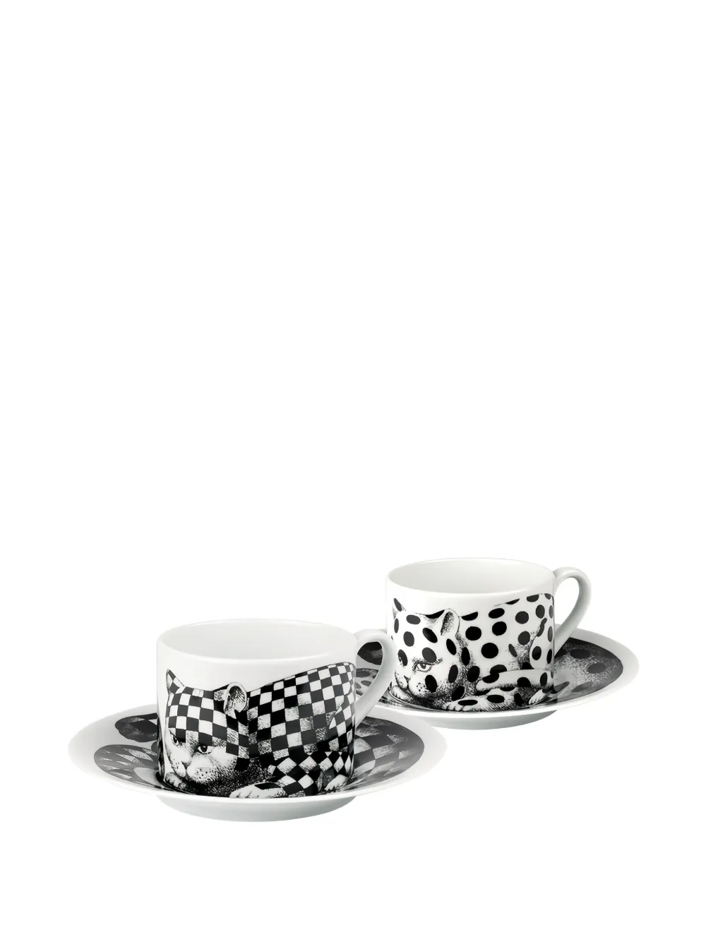 Fornasetti Chequered Cat Tea Cup (set Of Four) In White