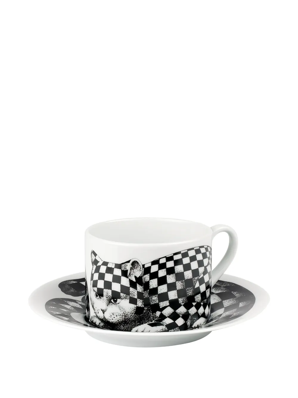 Fornasetti Chequered Cat Tea Cup (set Of Four) In White