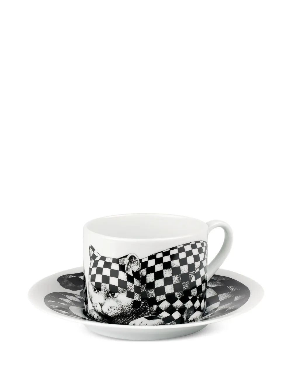 Fornasetti chequered cat tea cup (set of four) | White | Image 1