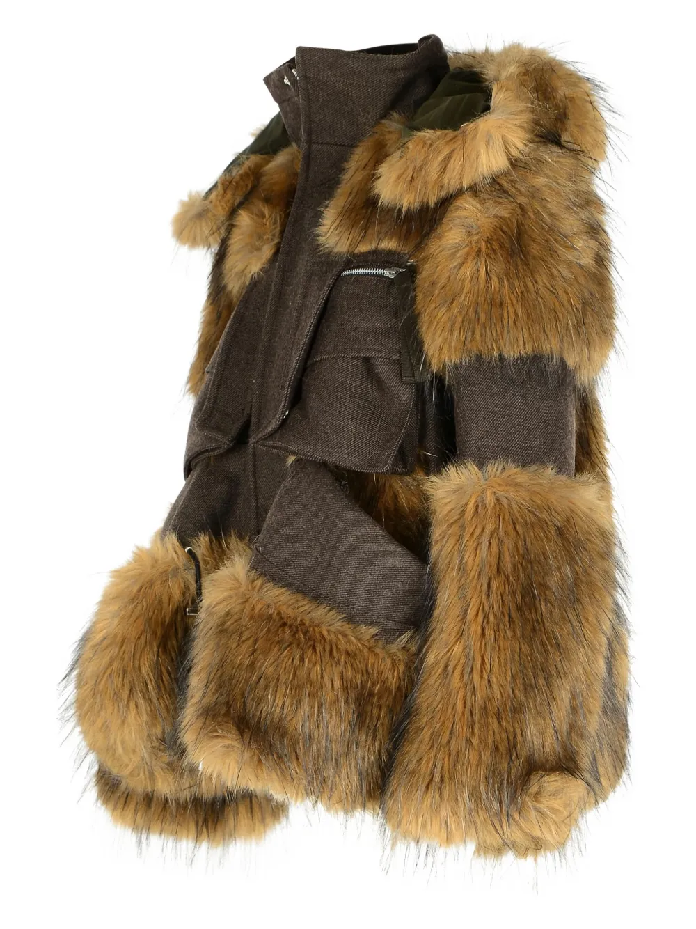 Sacai Fur-trimmed Wool Jacket In Brown