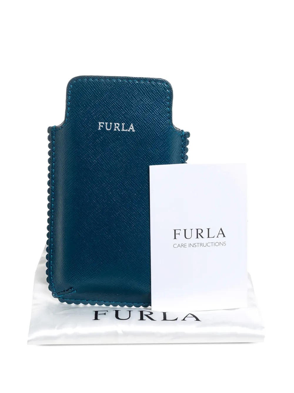 Pre-owned Furla Leather Scalloped-edge Phone Case In Blue