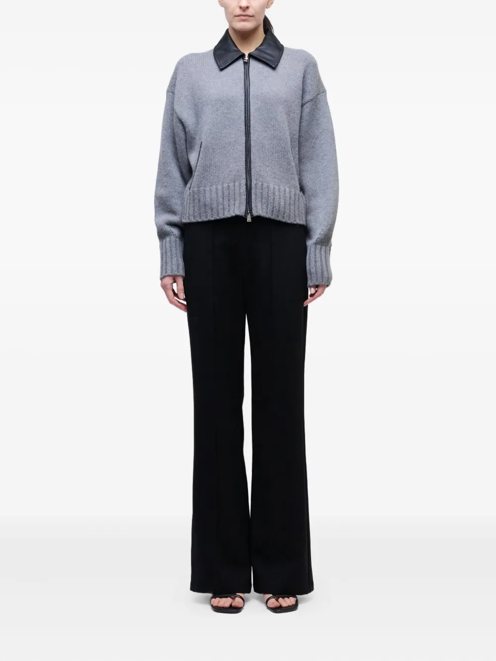 Simkhai Zip-up Leather-collar Cardigan In Gray