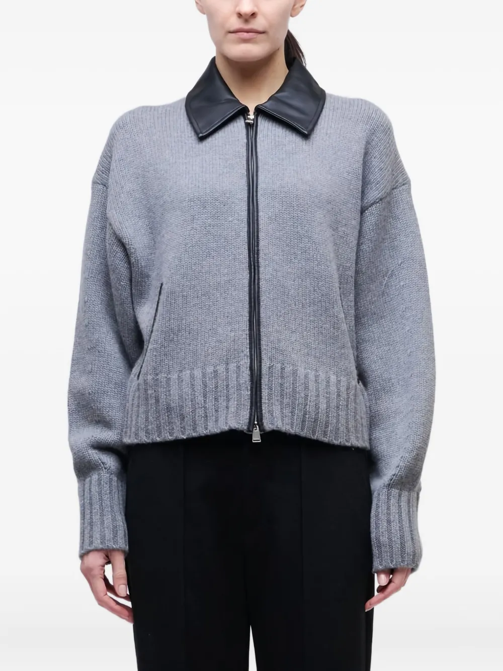 Simkhai Zip-up Leather-collar Cardigan In Gray