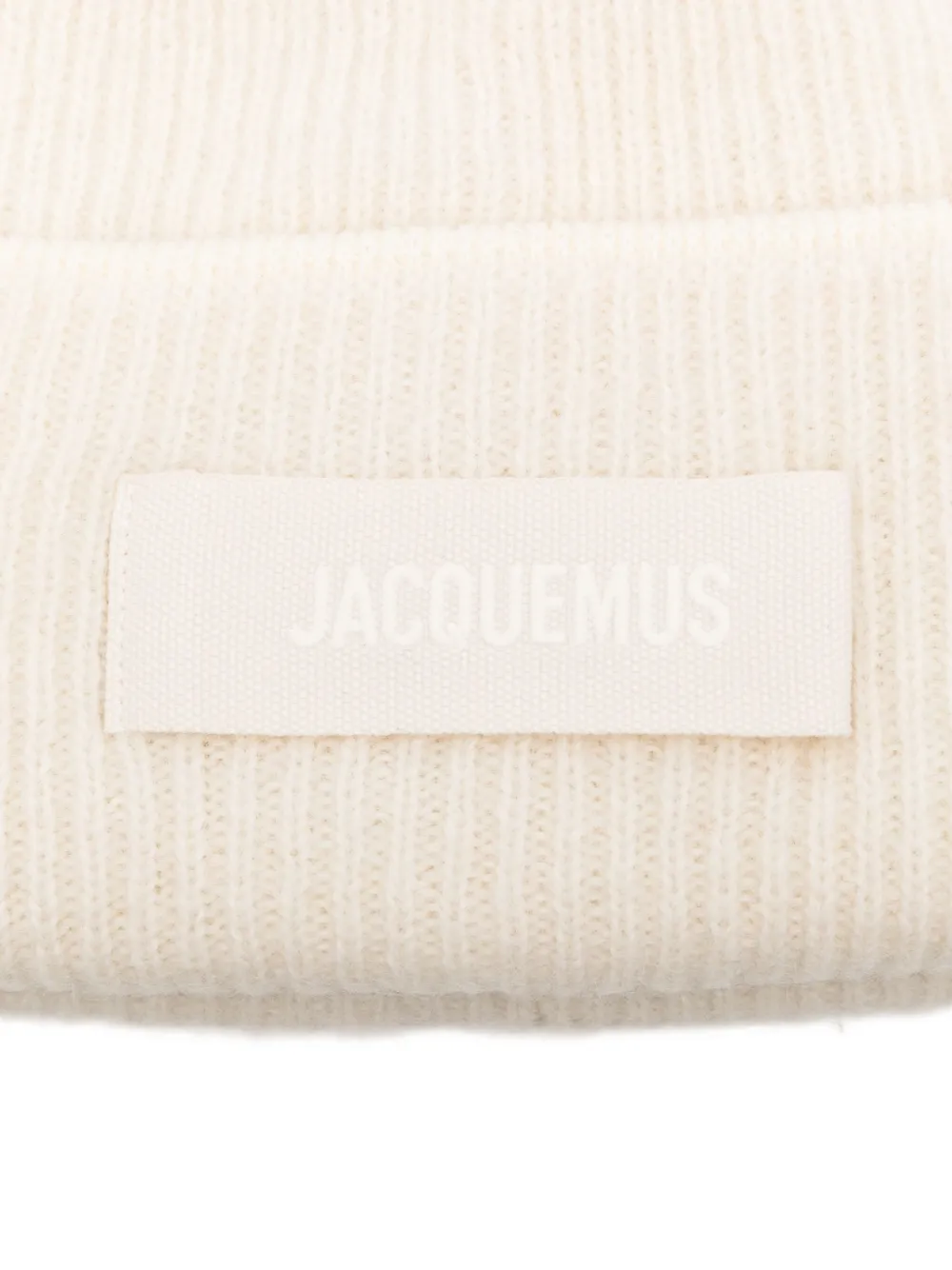 Jacquemus Ribbed White Beanie With Subtle Logo Detailing In White