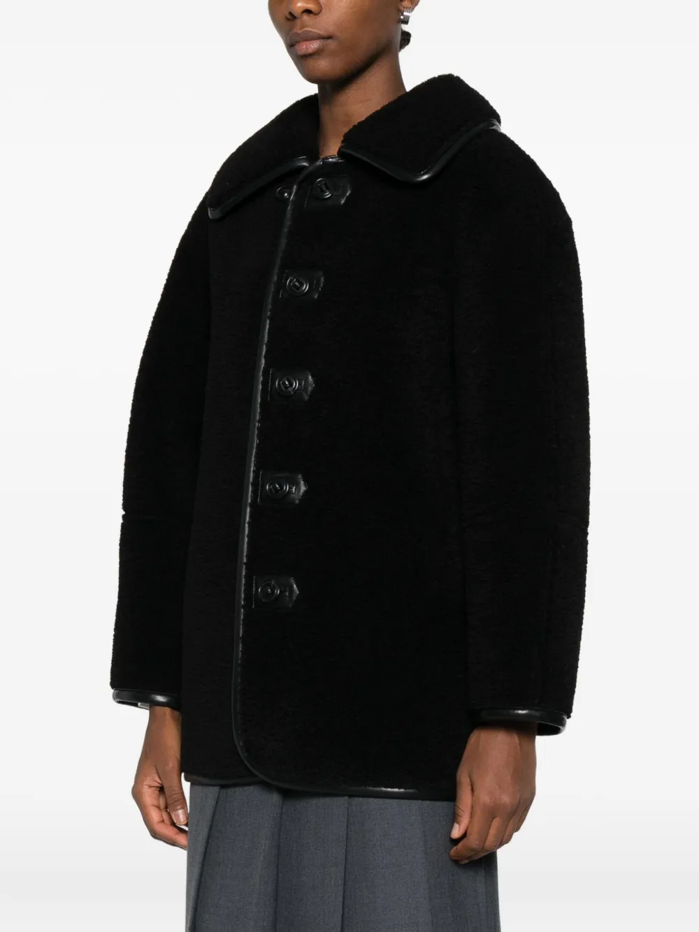 Low Classic Button-fastening Teddy Jacket In Black