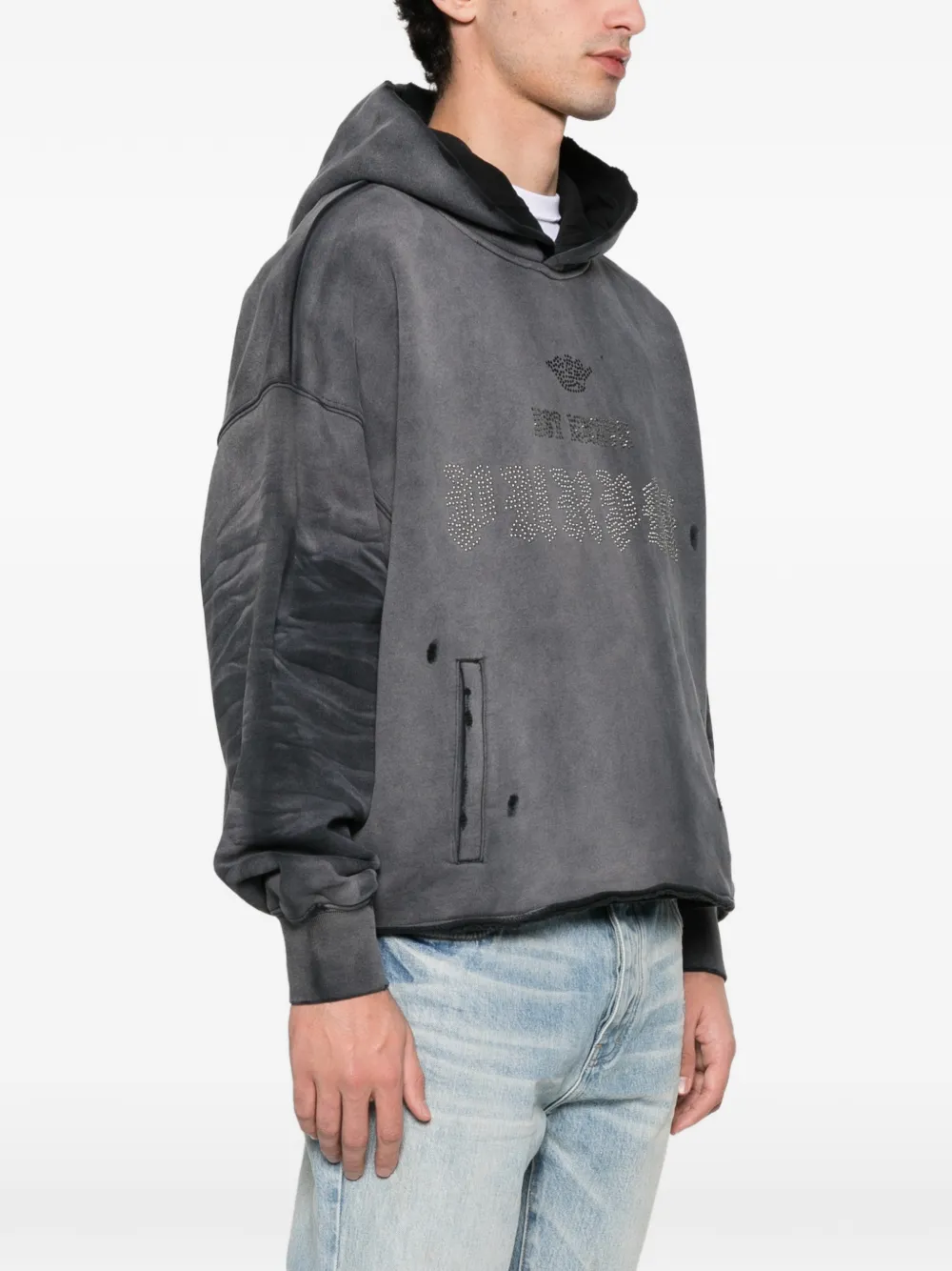Purple Brand Verfraaide fleece hoodie met capuchon Grijs