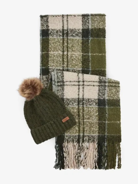 Barbour set med rutig halsduk och mössa