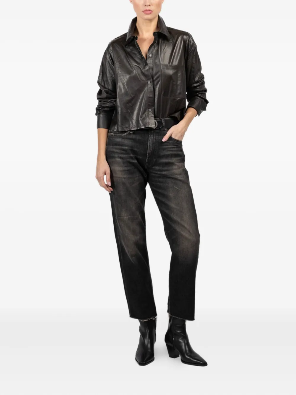 TWP Leren cropped blouse - Zwart