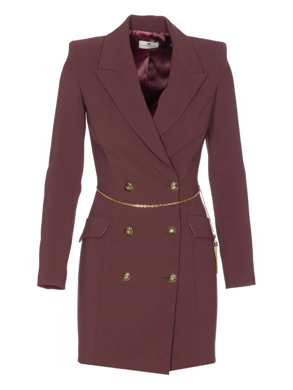Elisabetta Franchi Midi Dress With Long Sleeves And Chain In Burgundy
