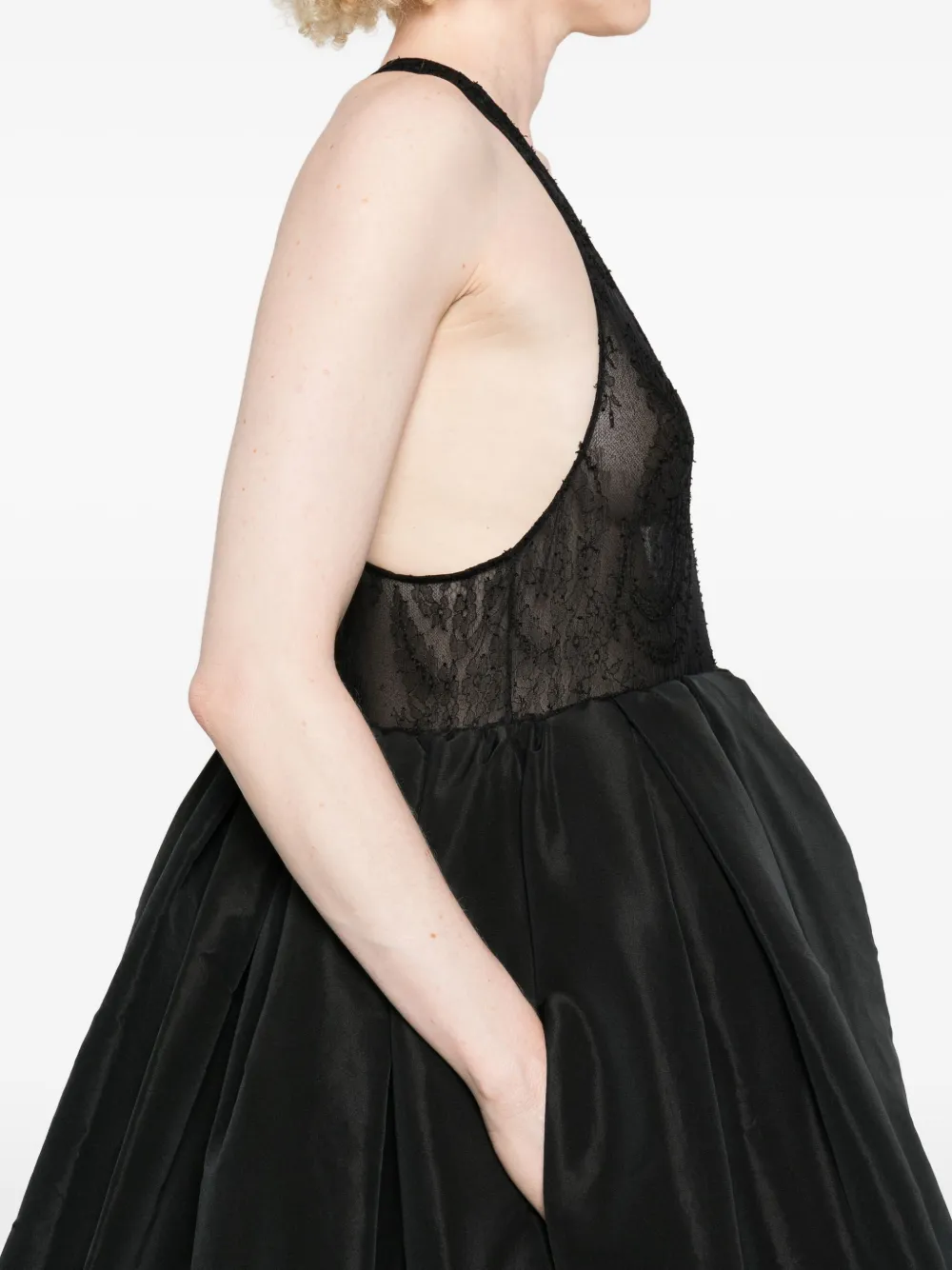 CHB CHRISTIAN BOARO Geplooide avondjurk met kanten vlak Zwart