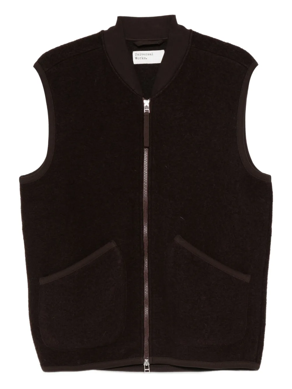 Universal Works zip wool gilet | Brown | Image 1