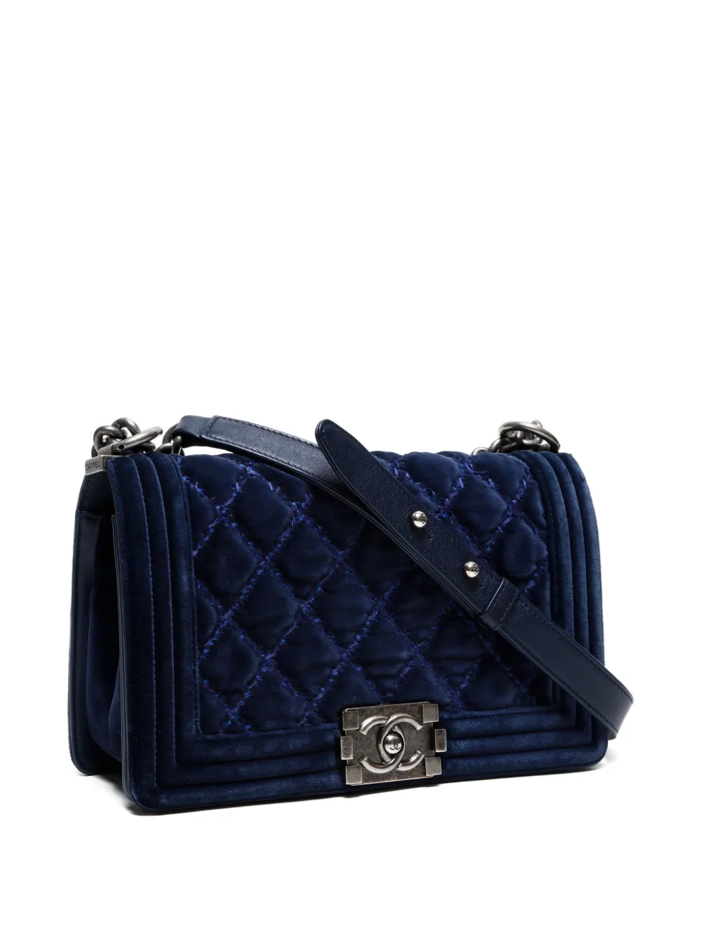 Pre-owned Chanel 2014-2015 Boy Velvet Shoulder Bag In Blue
