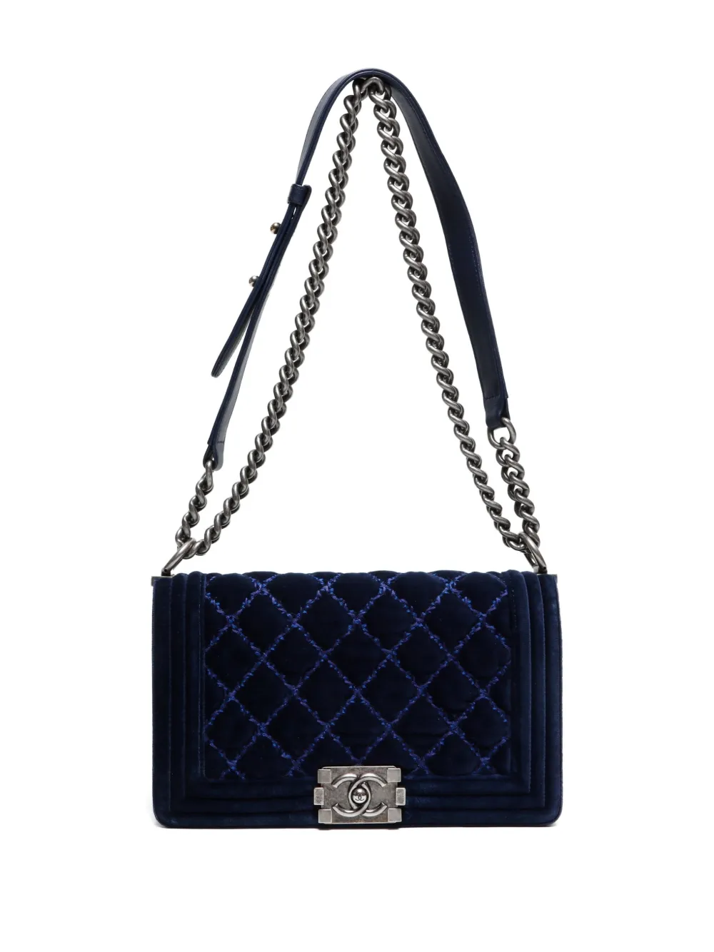 Pre-owned Chanel 2014-2015 Boy Velvet Shoulder Bag In Blue