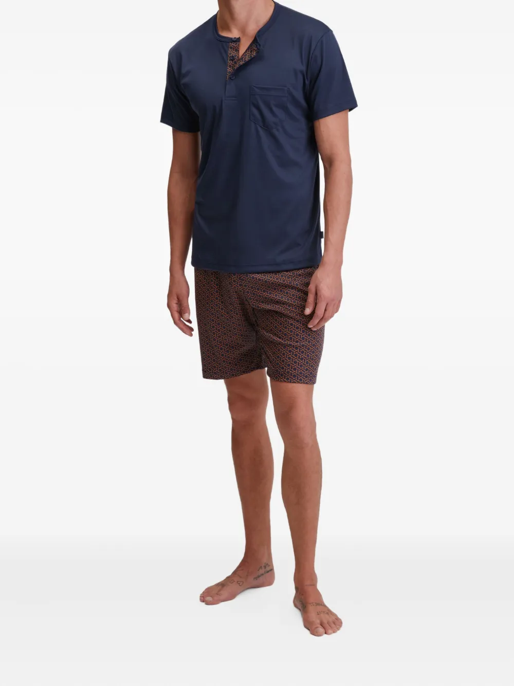 Calida Henley-neck Geometric-print Pyjama In Blue