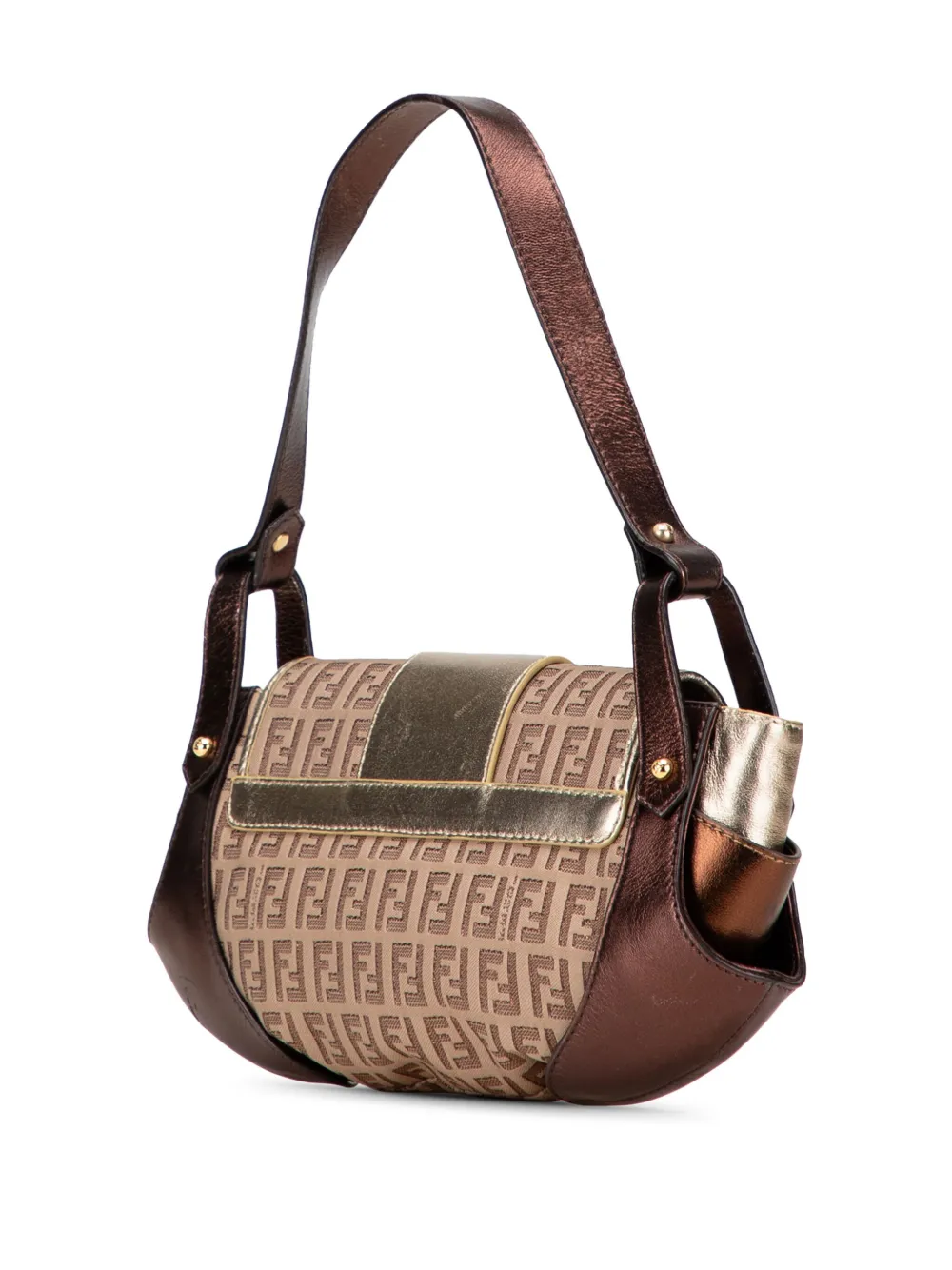 Pre-owned Fendi 2000-2010 Zucchino Canvas And Metallic Leather Compilation Shoulder Bag In Brown
