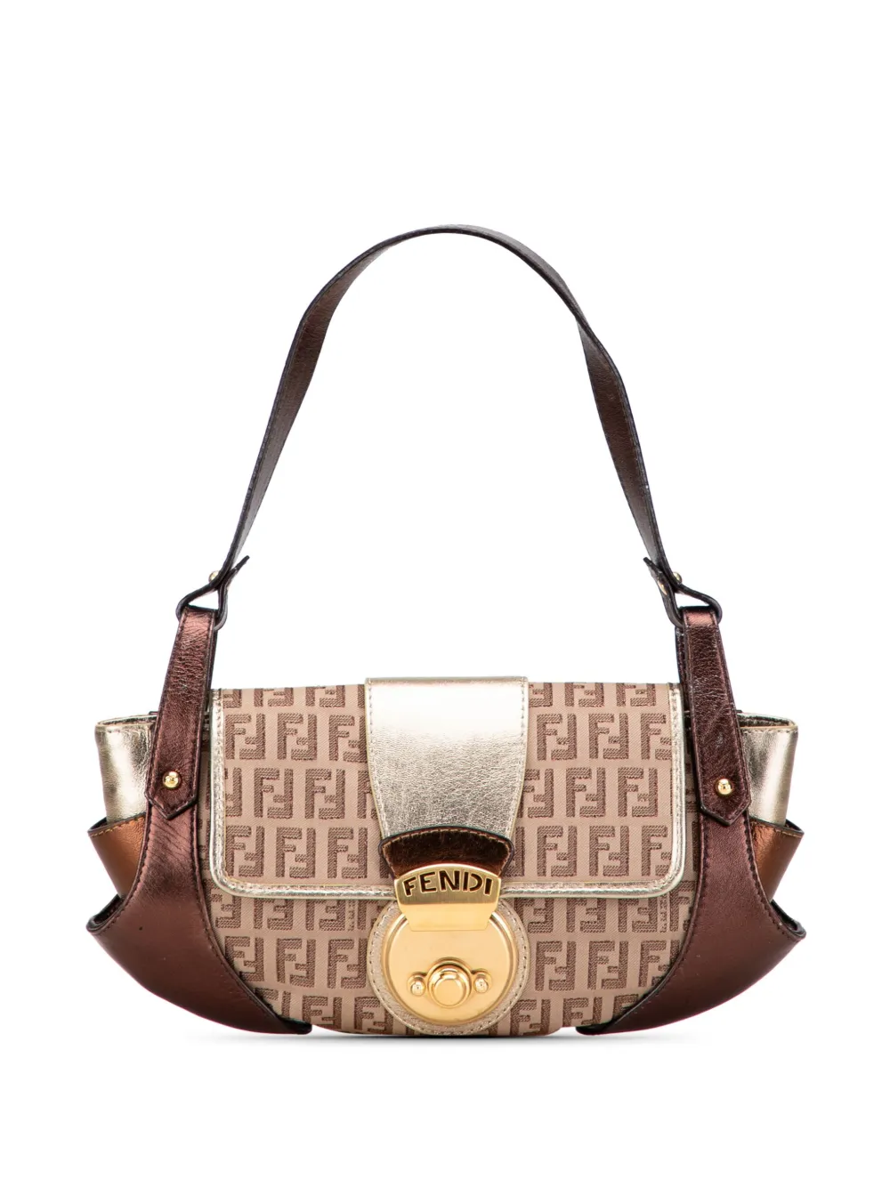 Pre-owned Fendi 2000-2010 Zucchino Canvas And Metallic Leather Compilation Shoulder Bag In Brown