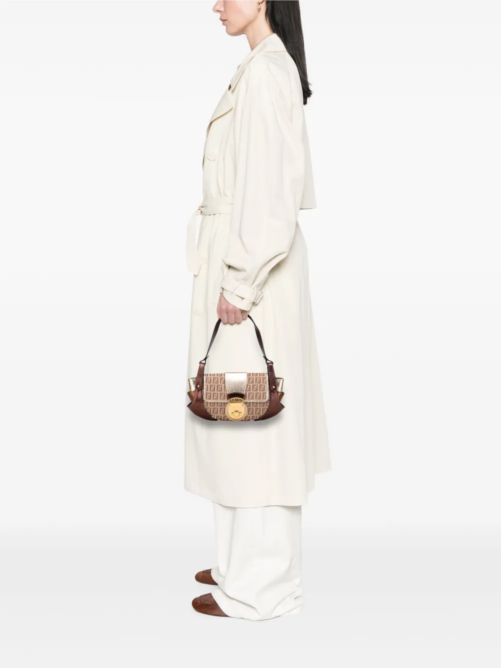 Pre-owned Fendi 2000-2010 Zucchino Canvas And Metallic Leather Compilation Shoulder Bag In Brown