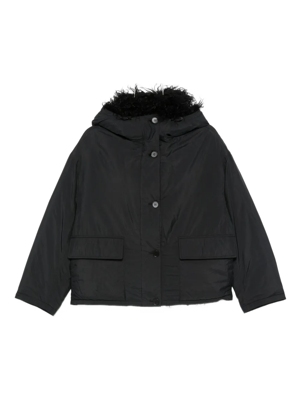 Yves Salomon Short Ultra-light Down Jacket With Curly Lambskin Trim In Black