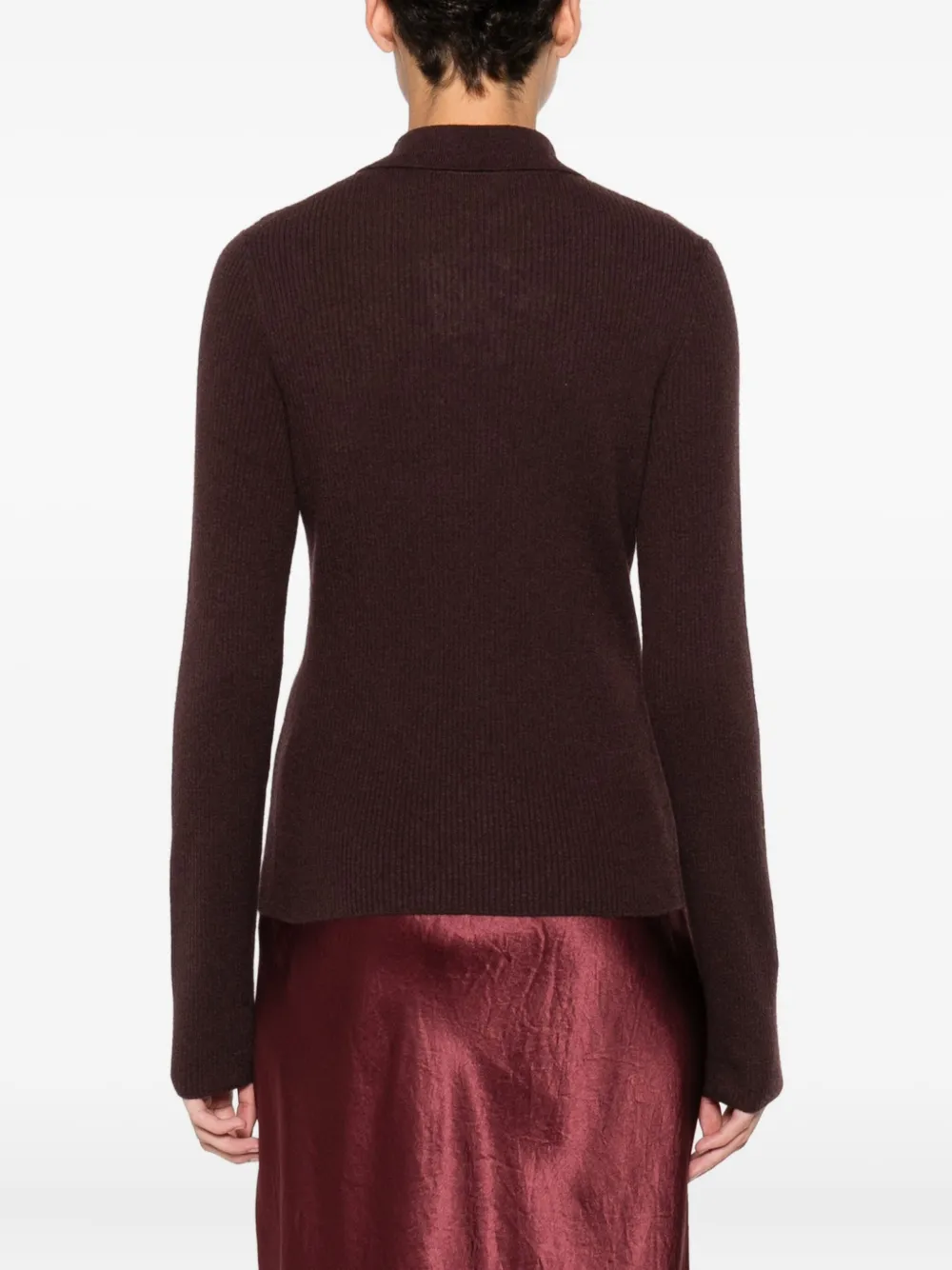 Vince Ribbed-knit Polo Top In Burgundy