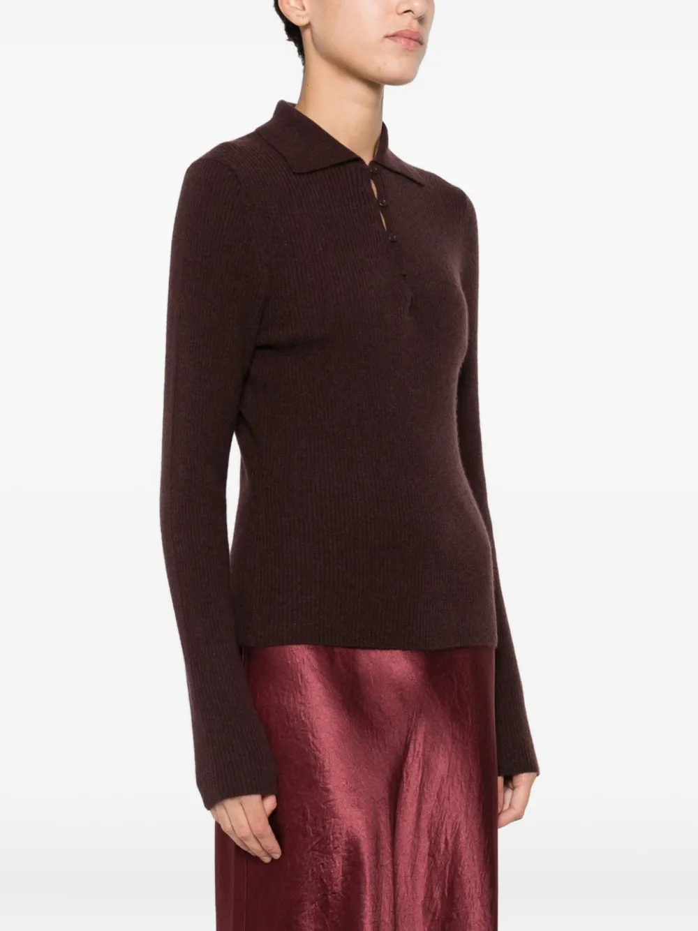 Vince Ribbed-knit Polo Top In Burgundy