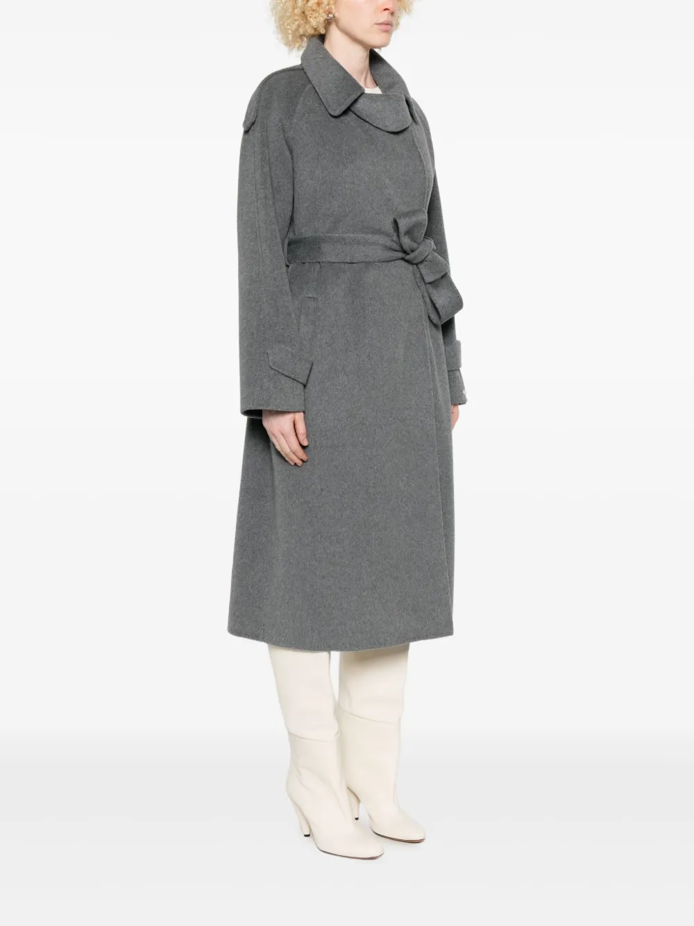 Glox Belted Long-sleeve Coat In Gray