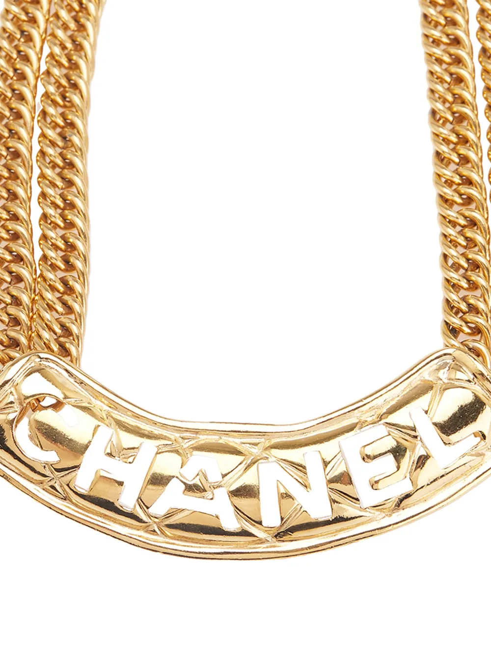CHANEL Pre-Owned 1970-1980 Gold Plated Quilted Cut Out Logo Double Chain Necklace costume necklace | Image 2