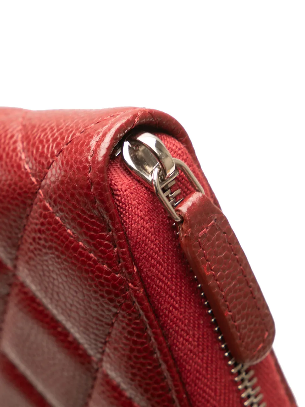 Pre-owned Chanel 2020 Cc Quilted Caviar Zip Around Wallet Long Wallets In Red
