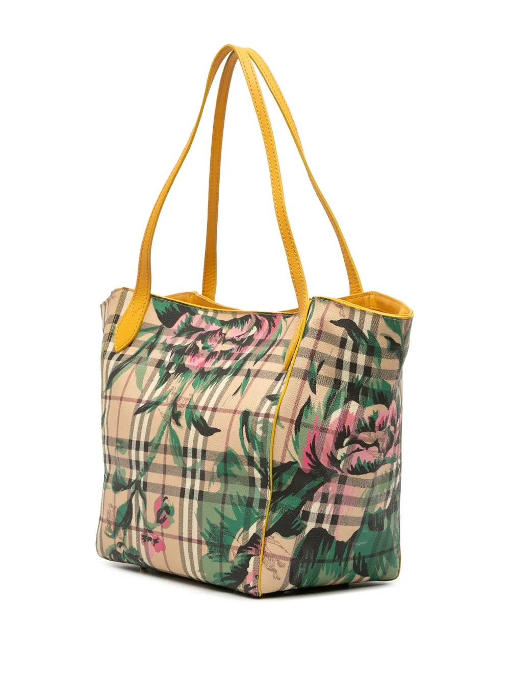 Pre-owned Burberry 2000-2017 Small Haymarket Check Floral Print Coated Canvas Canterbury Tote Bag In Brown