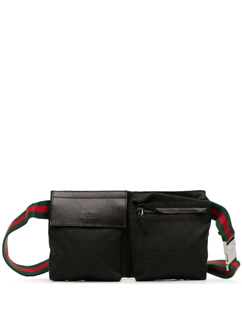 Pre-owned Gucci 2016-2025 Gg Canvas Web Double Pocket Belt Bag In Black