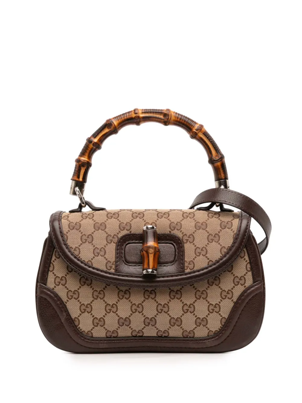Pre-owned Gucci 2016-2025 Medium Gg Canvas Bamboo Top Handle Bag Satchel In Brown