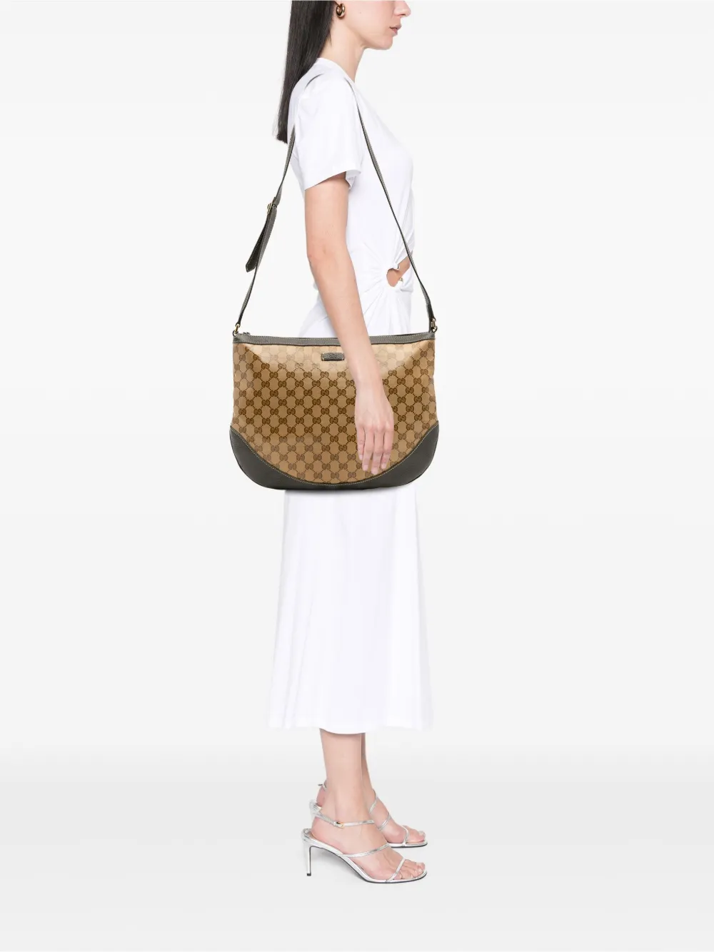 Pre-owned Gucci 2016-2025 Large Gg Crystal Half Moon Crossbody Bag In Brown